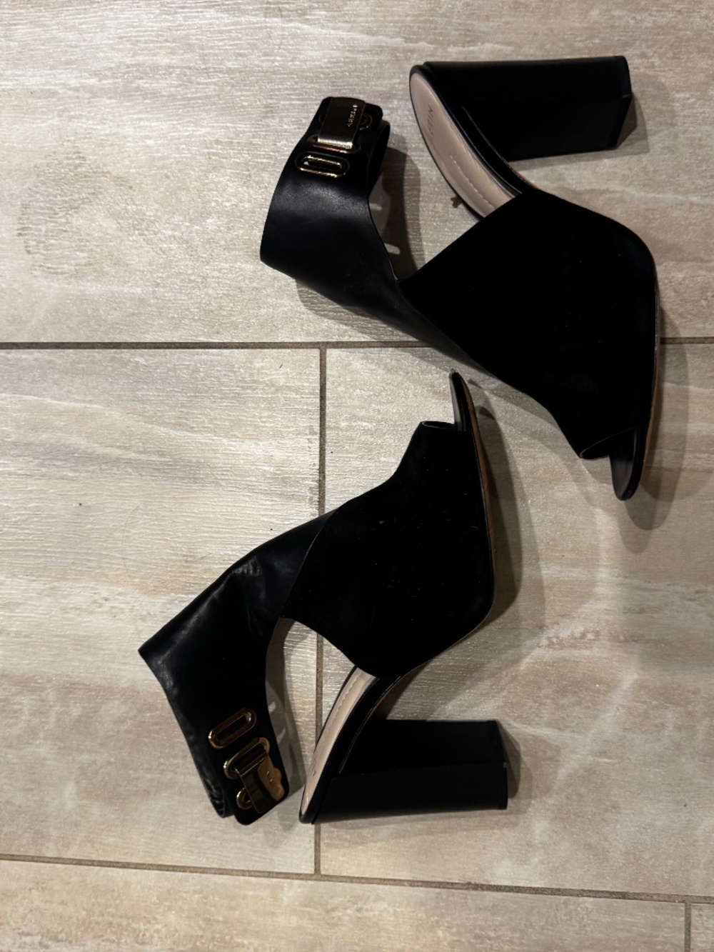 Aerin Maple Black Leather & Suede Peep Toe Heels Sz 9.5